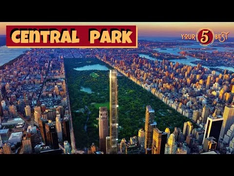 Videothumbnail met de tekst Central Park boven een luchtfoto van het park bij zonsondergang tussen wolkenkrabbers van Manhattan