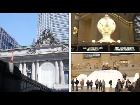 Videothumbnail met drie beelden van Grand Central Terminal, waaronder de gevel met sculpturen, de gouden klok en de hoofdhal met reizigers