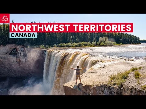 Videominiatuur van iemand met gespreide armen op een rots boven een grote waterval met de tekst Northwest Territories Canada