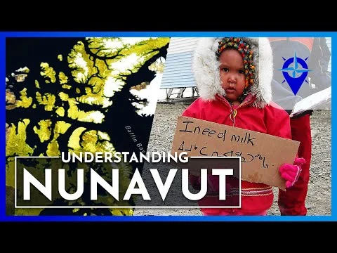 Videominiatuur met een kaart van Nunavut en een kind in een besneeuwde nederzetting met de tekst understanding Nunavut