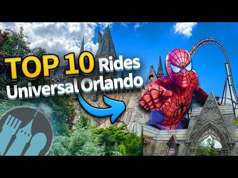 Videominiatuur met Spider-Man en een kasteel uit de Wizarding World naast een achtbaan met de tekst top 10 rides