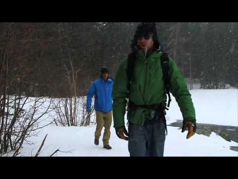 Videothumbnail van twee wandelaars in winterjassen die door de sneeuw lopen tussen kale bomen