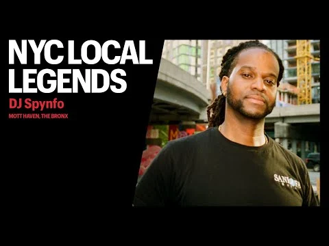 Videobeeld met de tekst NYC Local Legends dj Spynfo Mott Haven The Bronx en een portret van de dj