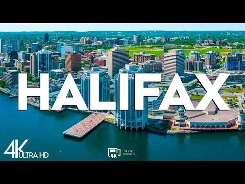 Videominiatuur met de tekst Halifax in grote letters over een luchtfoto van de skyline en haven van de stad