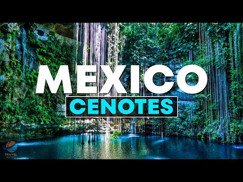 Videothumbnail met de tekst Mexico Cenotes en een foto van een cenote met hangende wortels en turkoois water in een grot