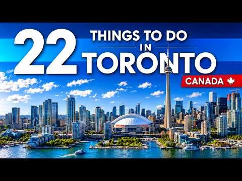 Videominiatuur met de tekst 22 things to do in Toronto Canada over een luchtfoto van de skyline met de CN Tower en het havengebied