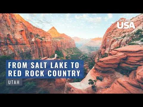 Videothumbnail met een panorama van de rode rotscanyons van Zion National Park en de tekst Red Rock Country Utah