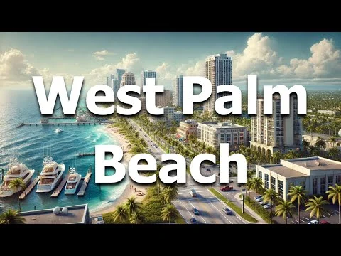Luchtfoto van West Palm Beach met een jachthaven vol boten, een zandstrand en hoge gebouwen langs de kustweg